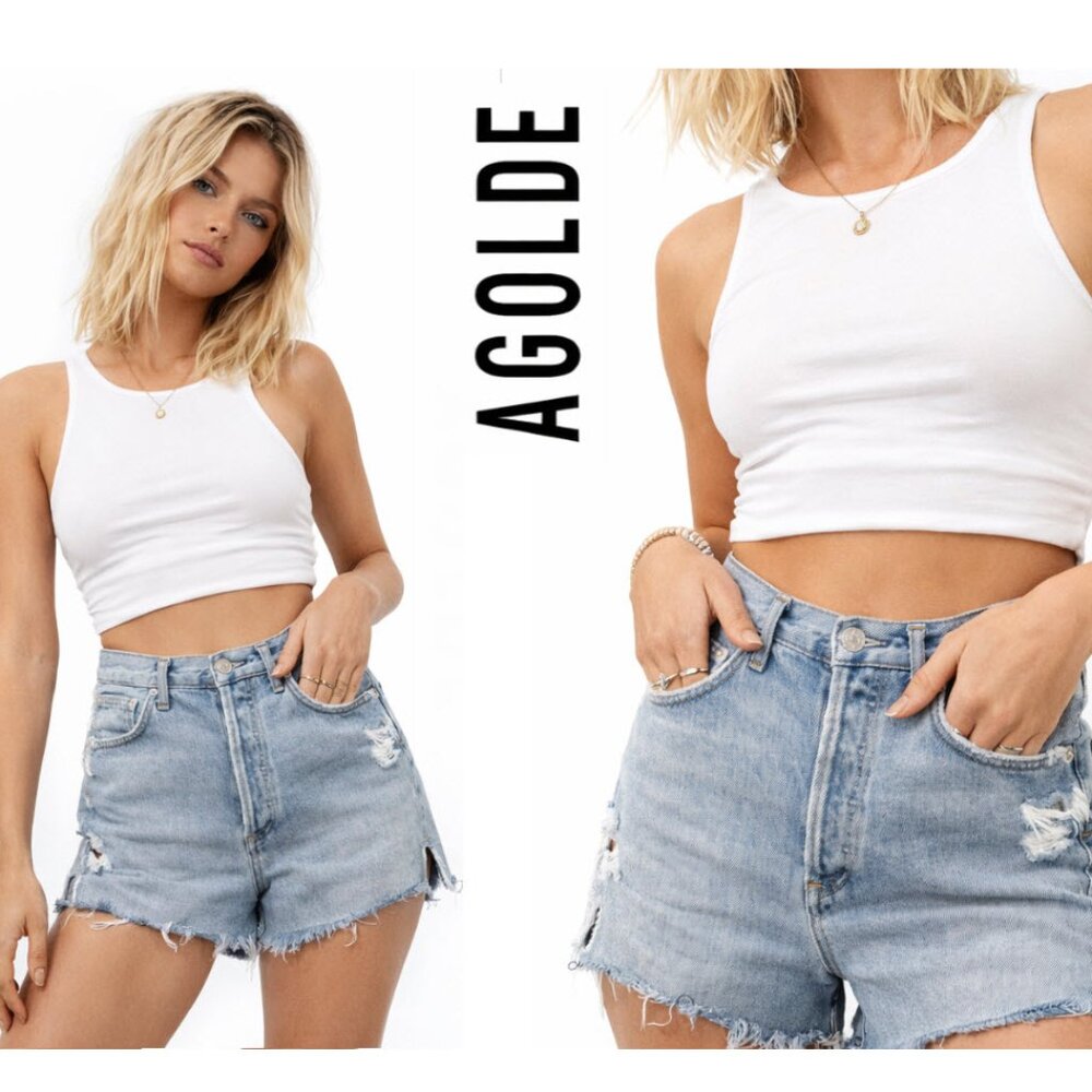 Agolde DEE Light Blue Distressed High Rise Jean Shorts size 26